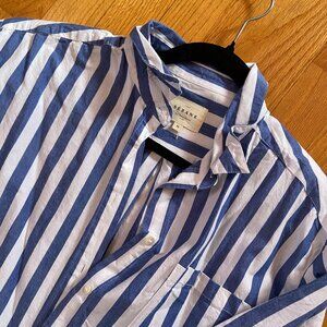 Sezane Maxine Midi in Blue Ecru Striped Cotton Long-Sleeve Shirt Dress Medium